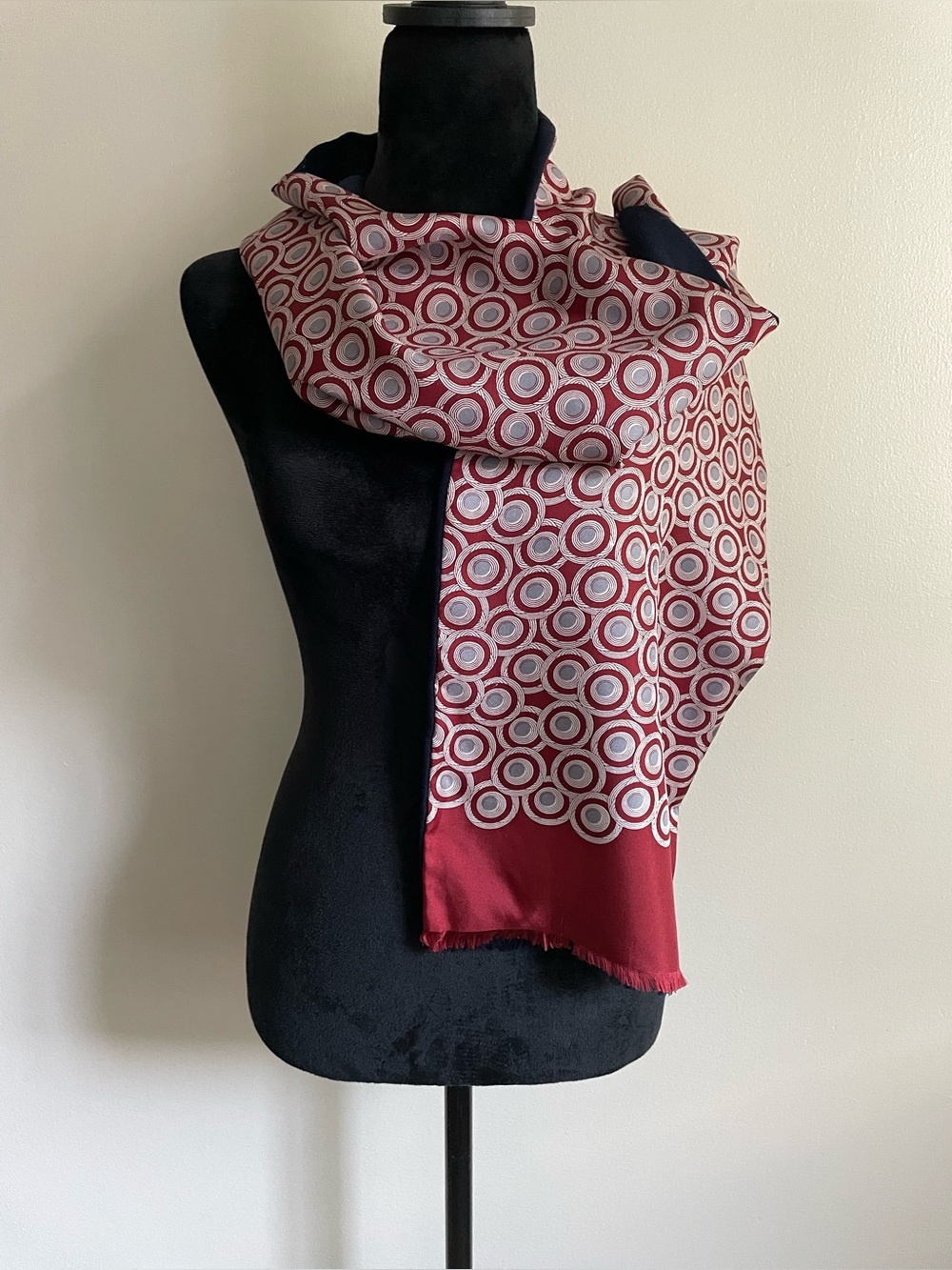 100% Silk Burgundy Navy Geometric Circle Print Scarf Wrap